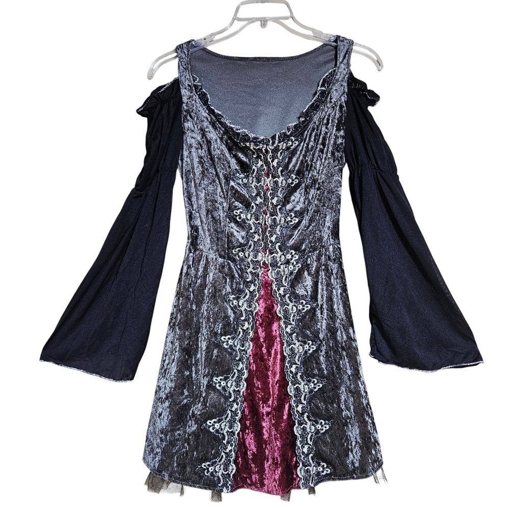 Silver Crushed Velvet Cold Shoulder Bell Sleeve Goth Dress Whimsigoth Medieval